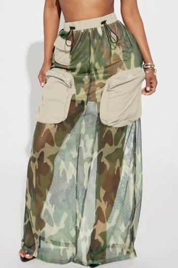 stylish slight stretch mesh stitching camo printing drawstring cargo maxi skirt