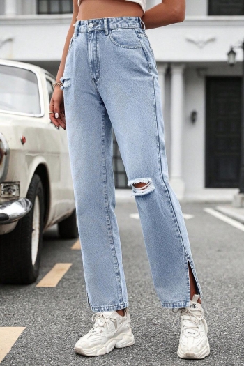 casual non-stretch solid pocket hole all match high waist slit straight jeans