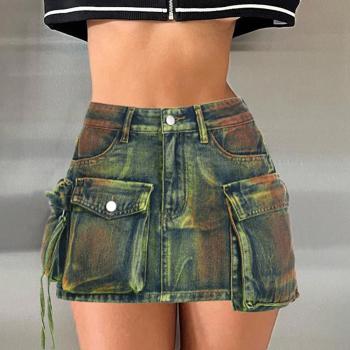 sexy non-stretch tie-dye print zip-up pocket cargo denim mini skirt