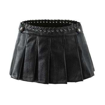 sexy slight stretch pu eyelet pleated mini skirt with lined(size run small)