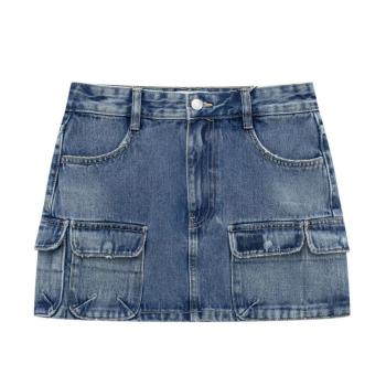 sexy slight stretch denim high-waist cargo mini skirt