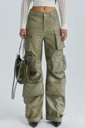 casual non-stretch solid color pu high-waist cargo pants