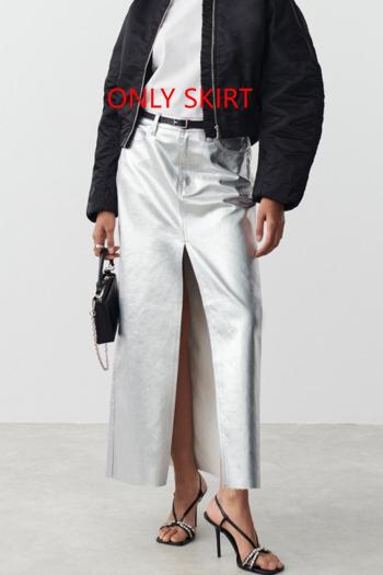 sexy non-stretch pu glossy high-waist slit maxi skirt