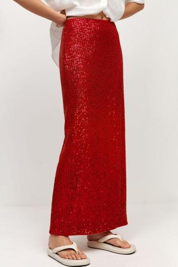 sexy non-stretch 6-colors solid sequins slit zip-up maxi skirt
