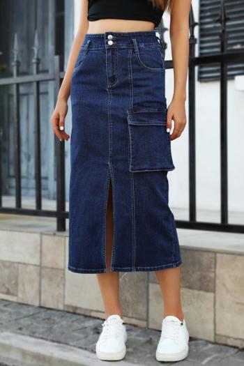 xs-2xl stylish slight stretch denim pure color slit all-match cargo midi skirt