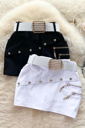 sexy non-stretch solid color belt zip-up slim lined rhinestone mini skirt