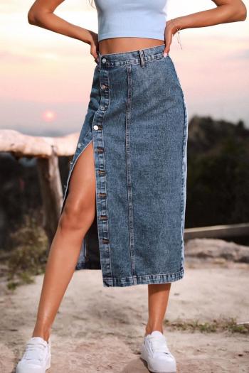 casual non-stretch simple 5 colors high-waist single-breasted denim midi skirt