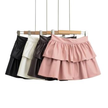 stylish non-stretch solid color zip-up pu lined mini skirt size run small