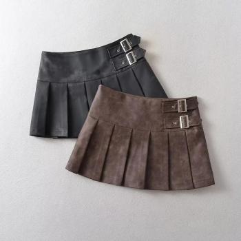 stylish slight stretch pu leather pleated with lined mini skirt(size run small)