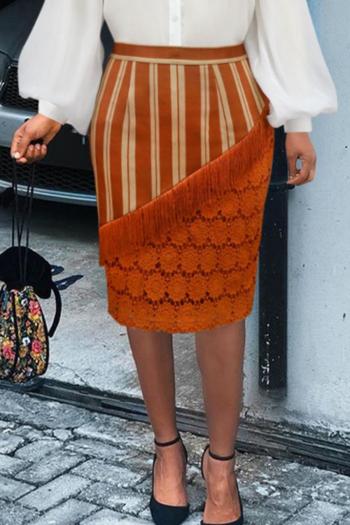 casual plus size slight stretch stripe stitching tassels lace midi skirt