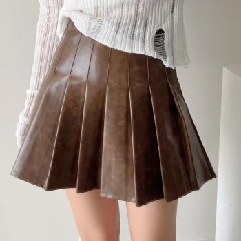stylish slight stretch pu pleated with lined mini skirt(size run small)