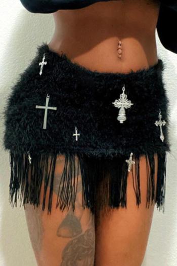 sexy slight stretch cross decor tassel all-match fur mini skirt