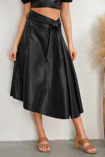 stylish non-stretch solid color zip-up belt pu midi skirt