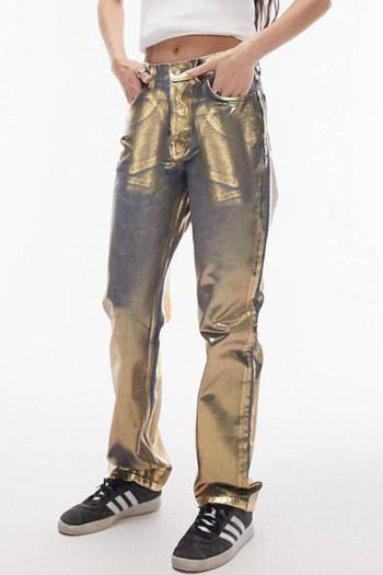 casual slight stretch holographic high-waist pants