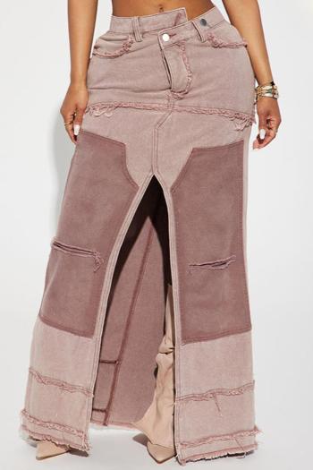 stylish non-stretch denim color-block slit all-match maxi skirt