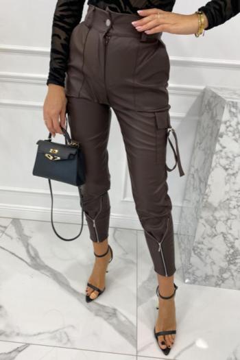 stylish non-stretch solid color pu zip-up pocket high waist pants