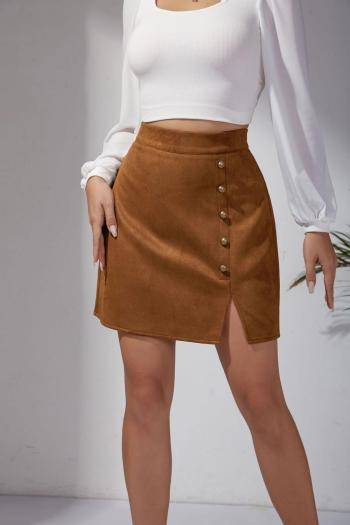 stylish non-stretch solid suede zip-up high waist slit mini skirt