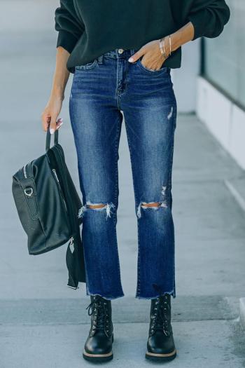 casual plus size non-stretch denim high-waist hole crop jeans