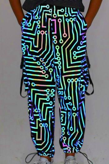 stylish hip-hop plus size non-stretch circuit stripe reflective cargo pants