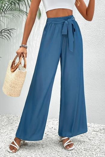 casual non-stretch solid color belt high waist wide leg pants