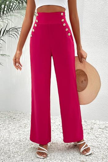 casual non-stretch solid color double breasted high waist straight pants