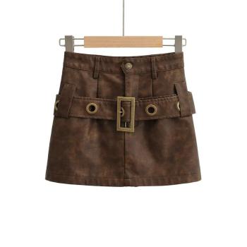sexy non-stretch retro belt decor high waist pu mini skirts size run small