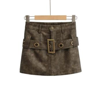 sexy non-stretch pu belt decor zip-up mini skirt (size run small)