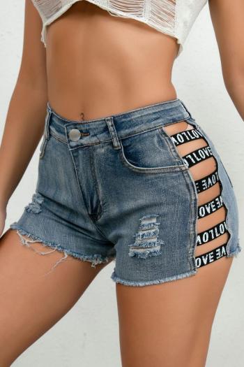 sexy plus size slight stretch denim letter printing hole decor high-waist shorts