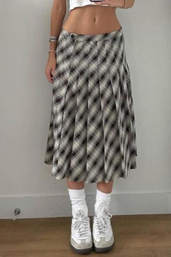 preppy style non-stretch lattice batch printing loose pleated midi skirt