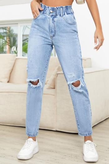 stylish slight stretch pure color high waist all-match ripped jeans