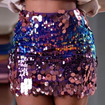 sexy plus size non-stretch gradient sequins zip-up slim mini skirt
