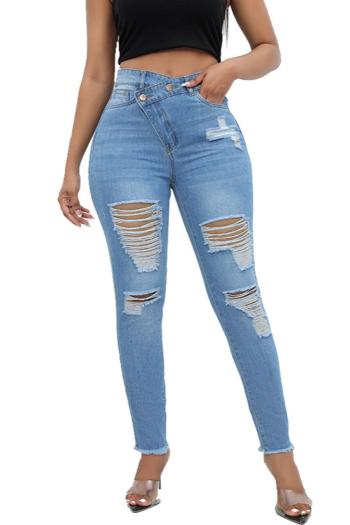casual plus size slight stretch diagonal buckle design hole high waist jeans