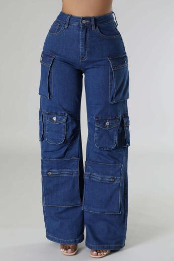 stylish plus size non-stretch pure color high waist wide-leg cargo jeans