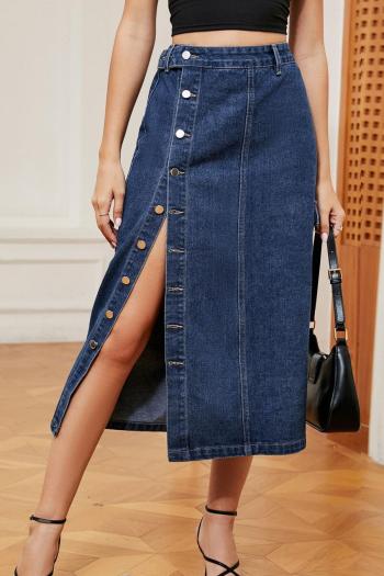 casual non-stretch solid color single-breasted midi cargo denim skirt