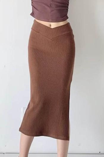 pure color slight stretch 3 colors ribbed knit slit tight skirt(size run small)