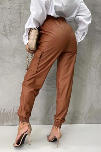Casual non-stretch solid pockets draw-string slim pu pants