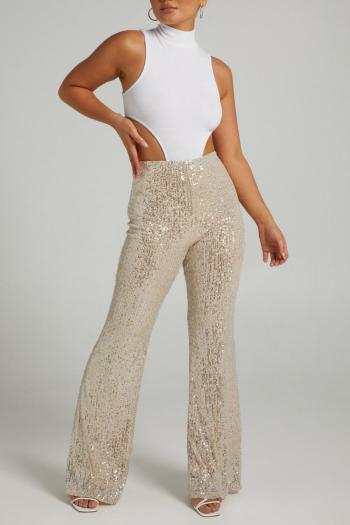 stylish plus size slight stretch solid sequins zip-up flare pants(only pants)