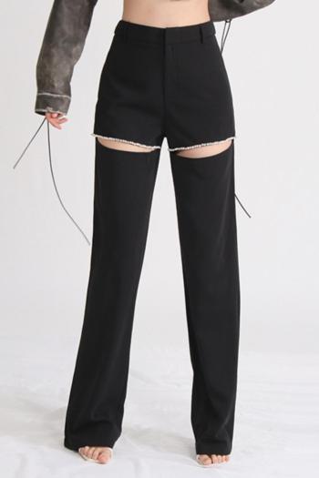 stylish non-stretch pure color rhinestone decor hollow high quality suit pants