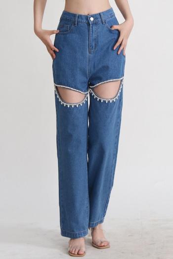 stylish non-stretch two colors rhinestone decor high waist hollow straight jeans