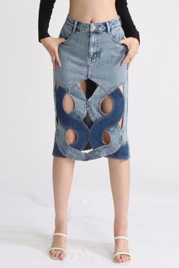 stylish non-stretch color-block denim hollow all-match midi skirt