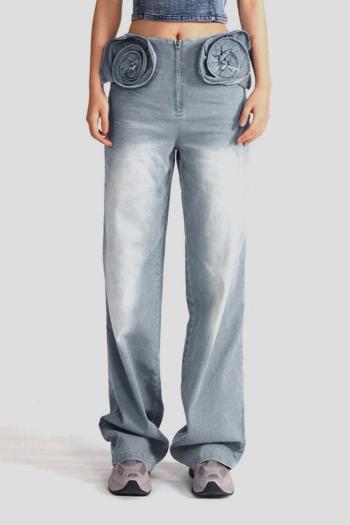 stylish non-stretch denim 3d flower decor all-match straight jeans