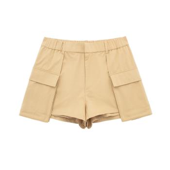 casual slight stretch solid color high-waist pocket shorts