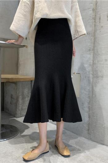 casual slight stretch ribbed knit solid color high-waist midi fishtail skirt