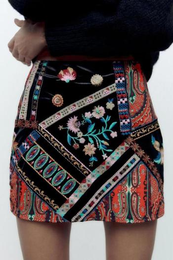sexy slight stretch flower fixed printing high-waist mini skirt