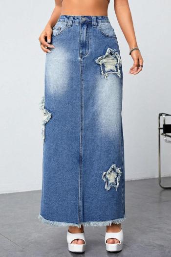 stylish plus size non-stretch denim raw hem ripped maxi skirt(no belt)