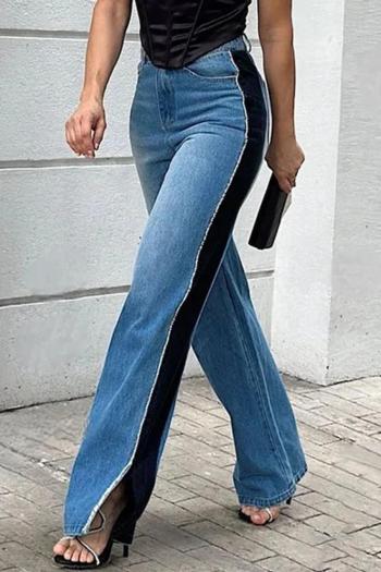 casual plus size non-stretch contrast color denim high-waist slit jeans