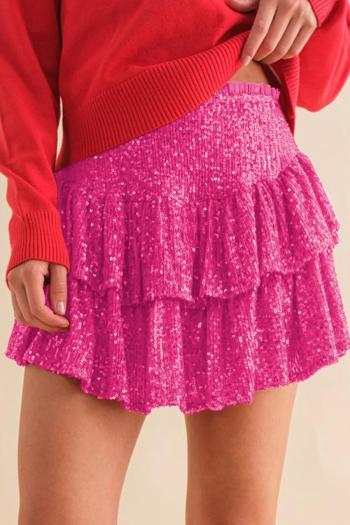 stylish slight stretch solid color sequins zip-up lined mini pleated skirt
