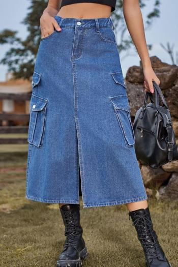 casual plus size non-stretch solid color high waist slit denim midi skirt