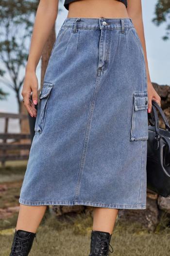 casual plus size non-stretch solid color all-match slit denim midi skirt