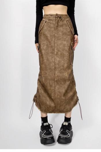 non-stretch pu leather zip-up drawstring slim skirts size run small